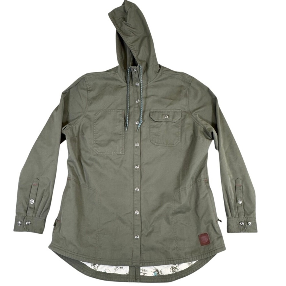 LL Bean Signature Hooded Lined Shacket Olive Green Twill Utility Coat Womens XL